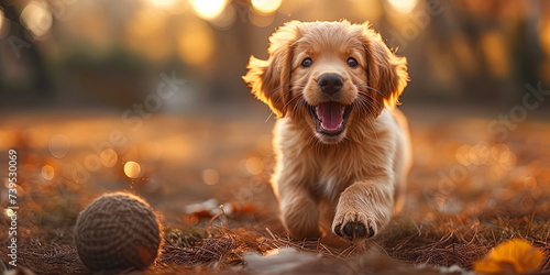 A cute puppy of a golden labrador who plays merrily with the ball, as if the embodiment of careles