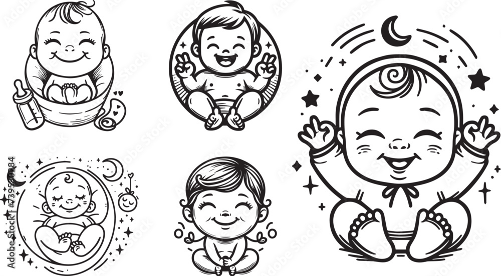 cute happy baby set, black and white smile baby character, baby smile vector graphics cute happy baby set, black and white smile baby character, baby smile vector graphics