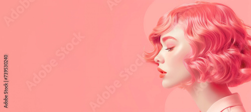 Very bright colorful girl with bright pink makeup with pink hair on a pink background. Beauty and youth industry. Decorative cosmetics  haircuts and hairstyles.