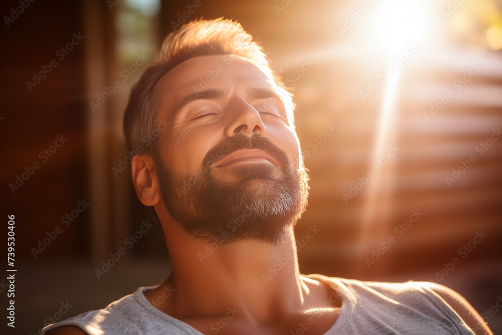 Man receiving calming access bars therapy session with sunlight for relaxation and wellness Man receiving calming access bars therapy session with sunlight for relaxation and wellness