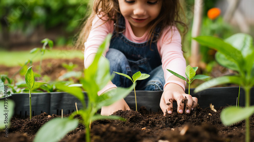 little girl planting seeds in the garden, environment activity, outdoors