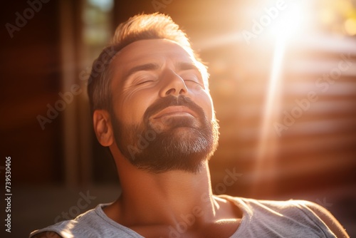 Man receiving calming access bars therapy session with sunlight for relaxation and wellness © sorin