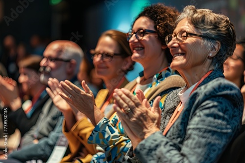 Happy colleagues applauding while sitting in conference event at convention center business people sit together in convention hall listen seminar success clapping happiness, soft light.