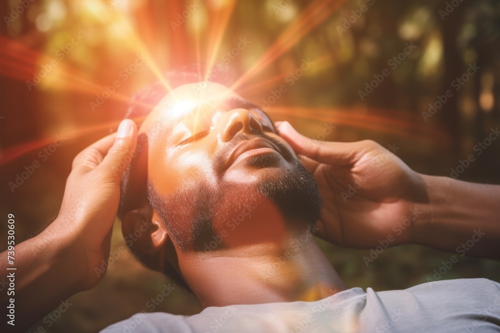 Man relaxes in access bars therapy session with sunlight for ultimate relaxation and stress relief - obrazy, fototapety, plakaty 