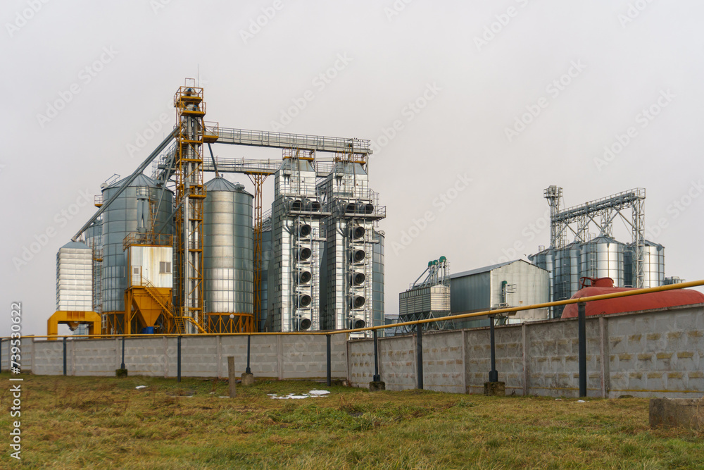 Obraz premium silver silos on agro manufacturing plant for processing drying cleaning and storage of agricultural products, flour, cereals and grain. Large iron barrels of grain. Granary elevator