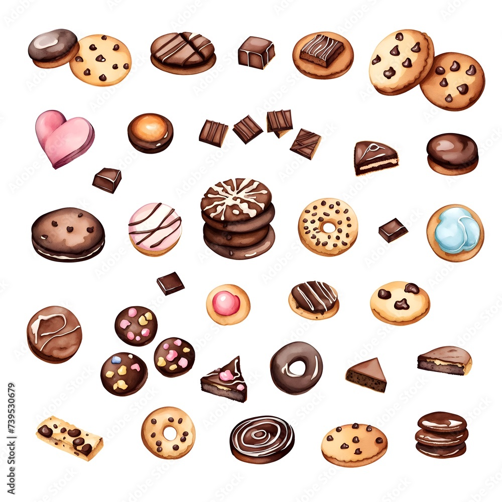 Watercolour cookies sticker set, isolated hand drawn sweets collection, crunchy chocolate biscuits Watercolour cookies sticker set, isolated hand drawn sweets collection, crunchy chocolate biscuits