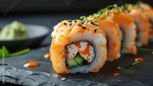 Sushi roll on dark background. Japanese and asian food concept --ar 16:9 --v 6 Job ID: 8c68ba15-42b4-4ef2-acbf-748ebf55fc6f