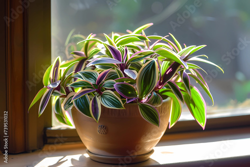 A lush Tradescantia plant nestled in a decorative pot adds a vibrant touch of nature to the interior decor of any home, infusing it with a refreshing burst of greenery