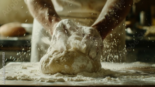 The process of preparing dough in the kitchen. The cook kneads the dough from wheat flour. Cook's hands. Water and flour on a wooden table. Bakery or pizza baking.  photo