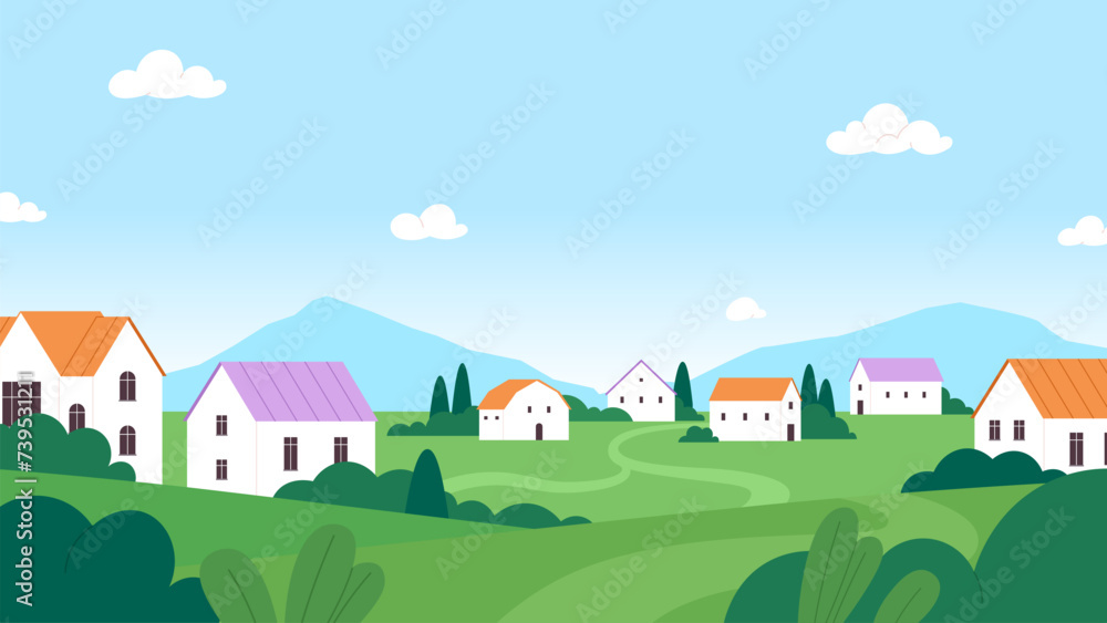 Mountain valley landscape. Mountains village, green hills and houses, different tree. Summer day on nature, cartoon neighborhood vector scene