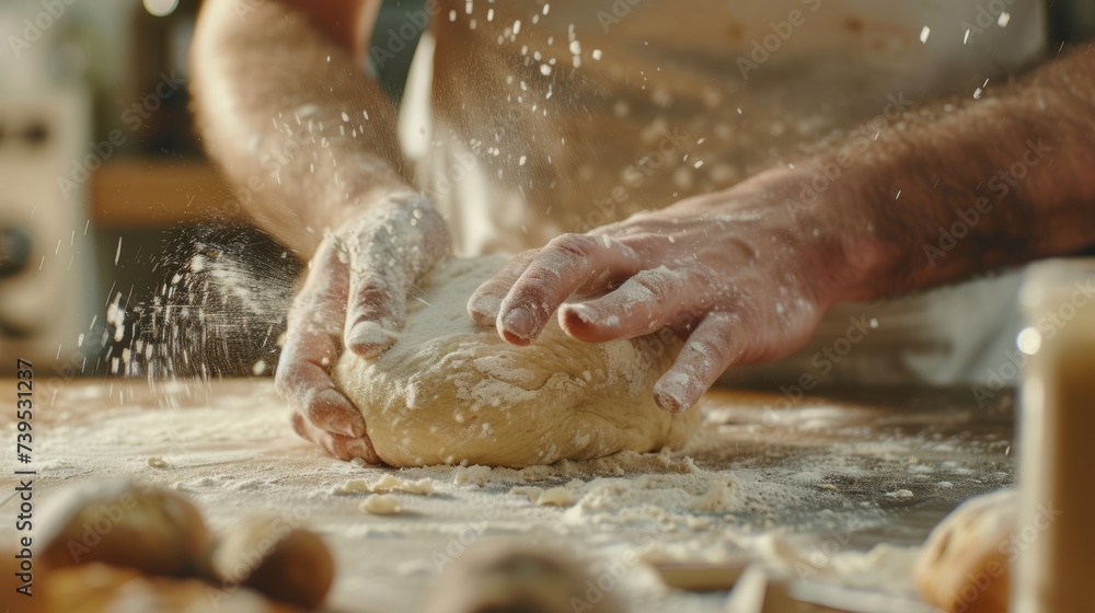 The process of preparing dough in the kitchen. The cook kneads the dough from wheat flour. Cook's hands. Water and flour on a wooden table. Bakery or pizza baking. 