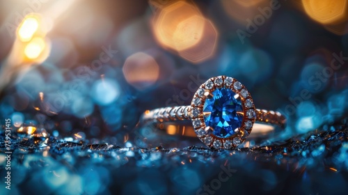 Golden ring and blue gemstone Sapphire aquamarine zircon moissanite topaz or tourmaline lit with lamp light on neutral shimmering blue background photo