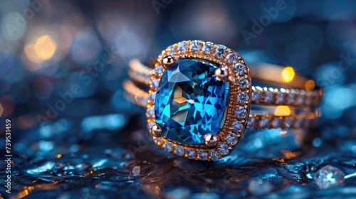 Golden ring and blue gemstone Sapphire aquamarine zircon moissanite topaz or tourmaline lit with lamp light on neutral shimmering blue background photo