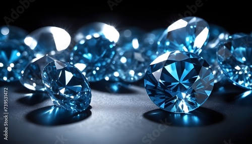 Shiny diamonds brilliants gemstones on dark background. Blue Diamonds crystal jewel light reflect texture background.
