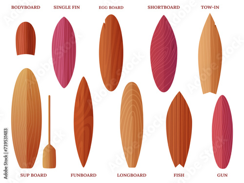 Surfing board wooden collection. Various surf boards types. Isolated longboard, bodyboard, shortboard. Extreme water sport nowaday vector equipment