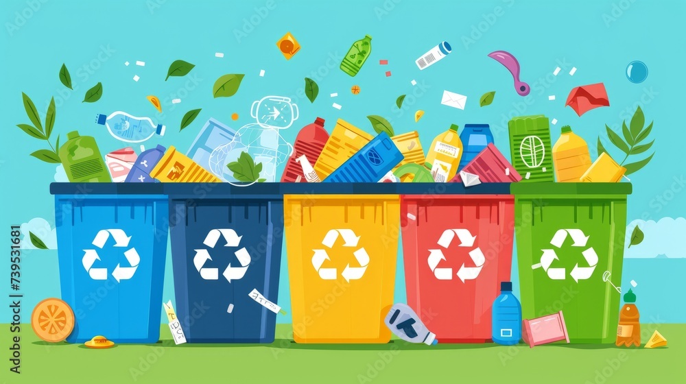 Waste sorting, Sorting waste for recycling, garbage sorting, recycling bins. Different types of garbage: paper, plastics, scrap metal, glass, organic, e-waste. Modern flat vector illustration. - obrazy, fototapety, plakaty 