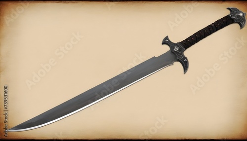 Fantasy dungeons and dragons heavy steel falchion blade, pointed guard, wood handle, parchment background  photo