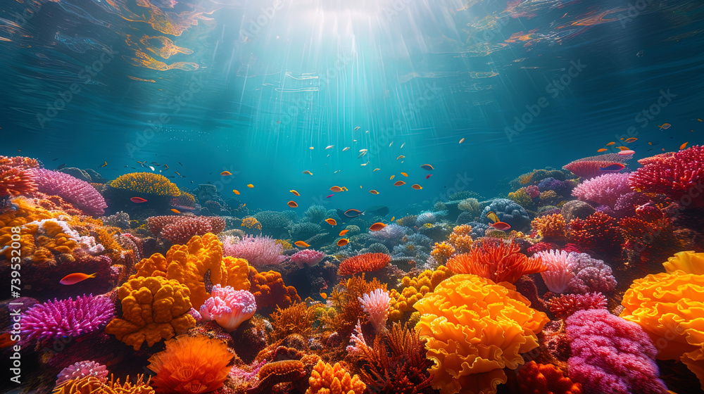 Fototapeta premium Colorful coral reefs, inhabited by various marine inhabitants, like an underwater city of miracl