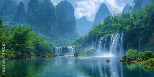 Fascinating jungle with numerous waterfalls and streams, like a fabulous world of water miracle photo