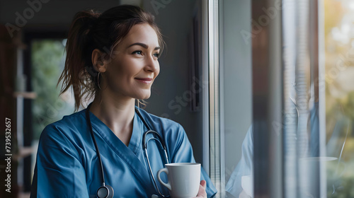 Female nurse enjoying cup of coffee at home after work, standing by window. Morning tea before work. Work-life balance for healthcare worker. photo