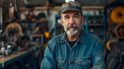 Portrait of attractive confident male auto car mechanic working in Car Service standing in front of car workshop. Working portrait concept © Annemarie