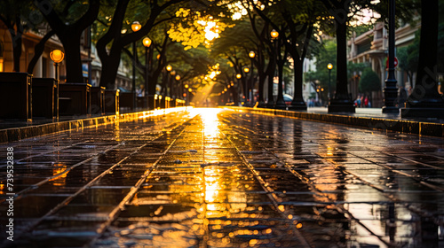 Freshly washed and brilliant road surface, like a diamond path in the heart of the ci