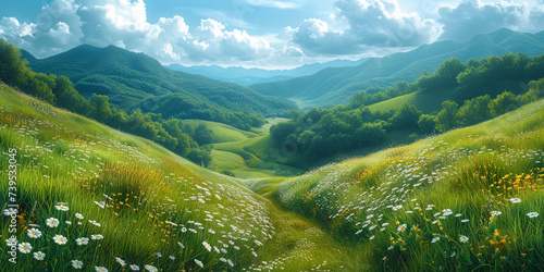 Green hills covered with a soft veil of grass and flowers, like giant valencies of nat