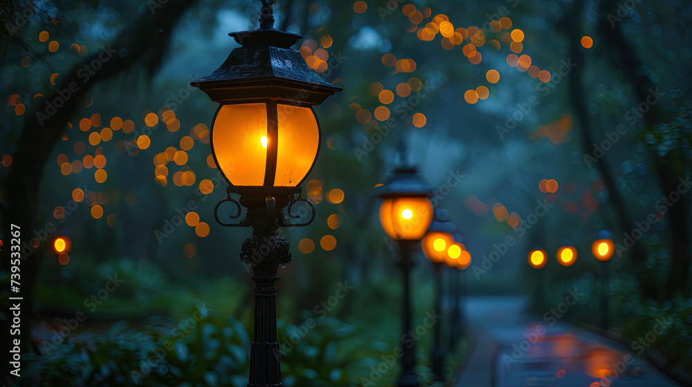 Lighting lamps scattering soft light, like lights in the darkness, leading to sa Lighting lamps scattering soft light, like lights in the darkness, leading to sa