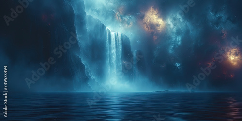Magic cosmic waterfalls and lakes, like sources of life in the lifeless emptiness of the cos