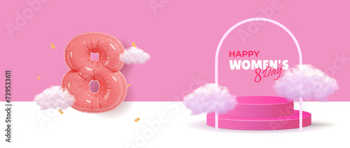 8 March. International Women's Day sales design template. Realistic 3D cylindrical podium with 8 march shaped background and cloud. Stage promotion display. Vector illustration