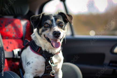 Dog in car wears dog seat belt and harness. Pet safety concept. Generative AI