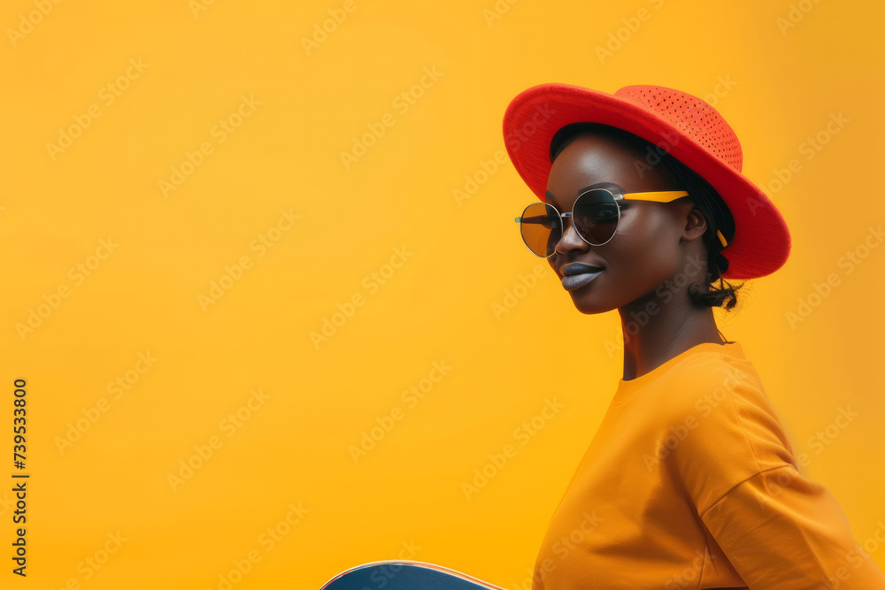 African American bright girl in sunglasses next to a skateboard in a hat stands near a bright yellow wall. Active pastime. Banner with place for text. Bright sunny day in the fresh air. Active type African American bright girl in sunglasses next to a skateboard in a hat stands near a bright yellow wall. Active pastime. Banner with place for text. Bright sunny day in the fresh air. Active type