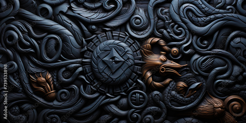 Multilayer and complex patterns on the wood of black wood, like the schemes of secret knowledge of