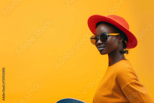 African American bright girl in sunglasses next to a skateboard in a hat stands near a bright yellow wall. Active pastime. Banner with place for text. Bright sunny day in the fresh air. Active type  © Nataliia_Trushchenko
