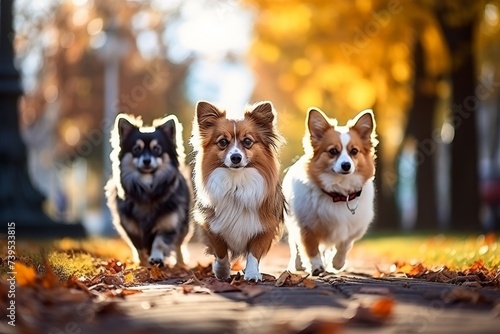 Professional dog walking services - experienced pet sitter and different breeds walking at city park © sorin