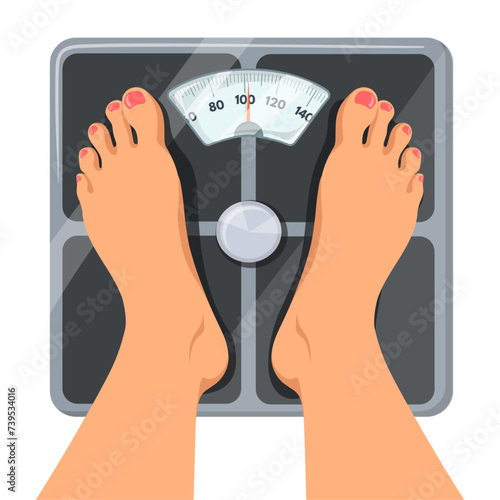 Feet on bathroom scales. Girl pedicured foot weighing top view, pregnant woman bathroom floor weight balance, diet overweight body obesity fitness control, neat vector illustration