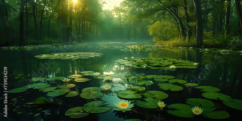 Mystical swamps, dotted with old trees and floating lilies, like a place where magic and miracles photo