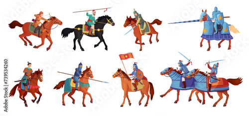Horse warriors. Ancient mongolian or russian armored warrior running on horses, samurai knight with sword historic battle medieval soldier horseman, ingenious vector illustration