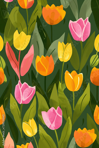 Artistic painted pattern of colorful tulips  background for Easter card design
