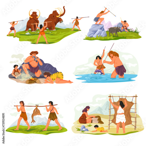 Cave people. Ancient hunter person and prehistoric animals, caveman with primitive tool hunt to fur mammoth gets fish food fire for kid stone age tribe recent vector illustration