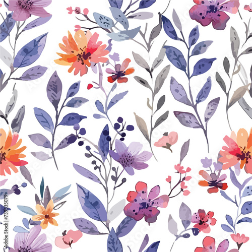 Vector pattern with flowers and plants. Watercolo