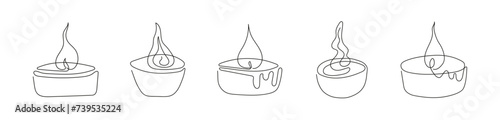 Set of tea light candles with flames. Burning aromatic candles. Continuous one line drawing. Line art. Isolated on white background. Design element for print, greeting, postcard, scrapbooking.