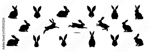 Set of Rabbit silhouettes. Easter bunnies. Isolated on a white backdrop. A simple black icons of hares. Cute animals. Suitable for logo, emblem, pictogram, print, design element for greeting card photo