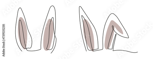Continuous one line drawing of rabbit ears. Line art of funny Easter bunny ears. Isolated on white backdrop. Minimalist style. Design element for print, greeting, postcard, scrapbooking. Set