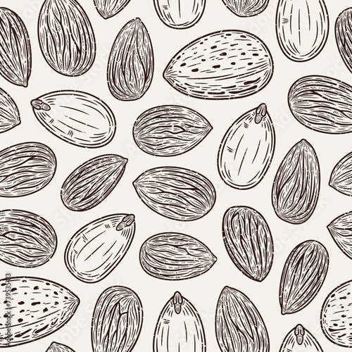 Vector almond hand-drawn seamless pattern or background. Almond kernels and shells