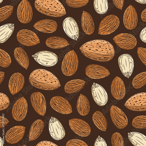 Vector almond colorful seamless pattern or background. Almond kernels and shells