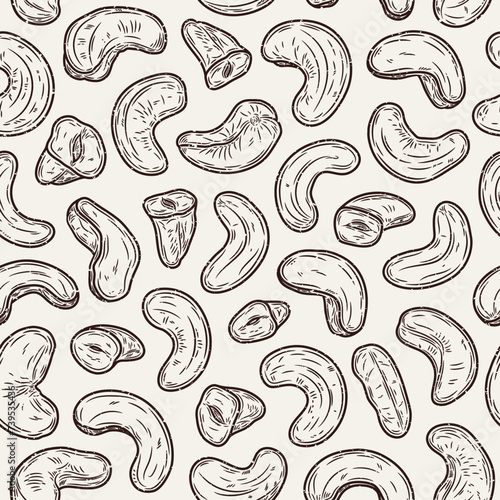 Vector cashew hand-drawn seamless pattern or background. Cashew kernels illustration