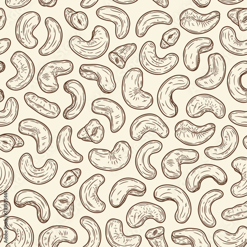 Vector cashew hand-drawn seamless pattern or background. Cashew kernels illustration