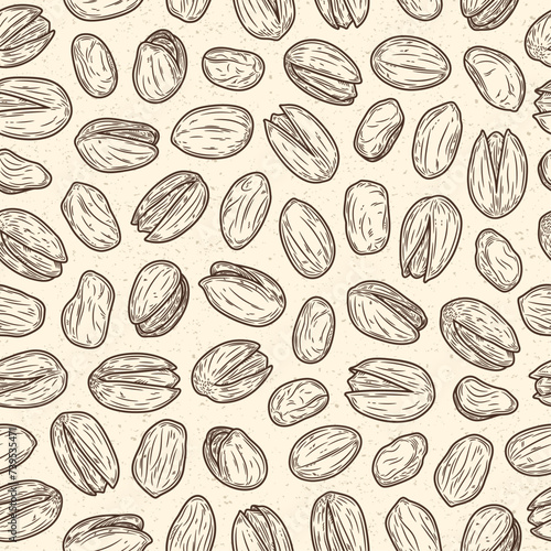 Vector pistachio hand-drawn seamless pattern or background. Pistachio kernels and shells illustration