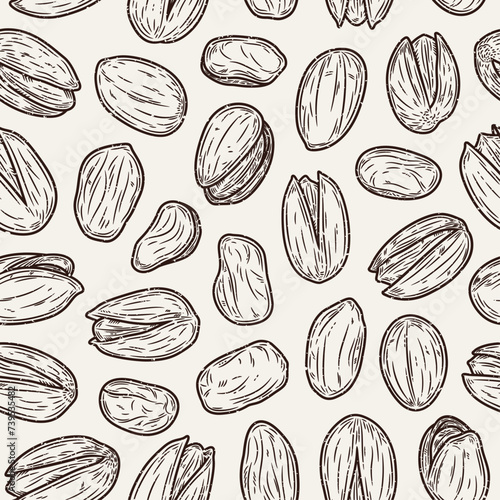 Vector pistachio hand-drawn seamless pattern or background. Pistachio kernels and shells illustration